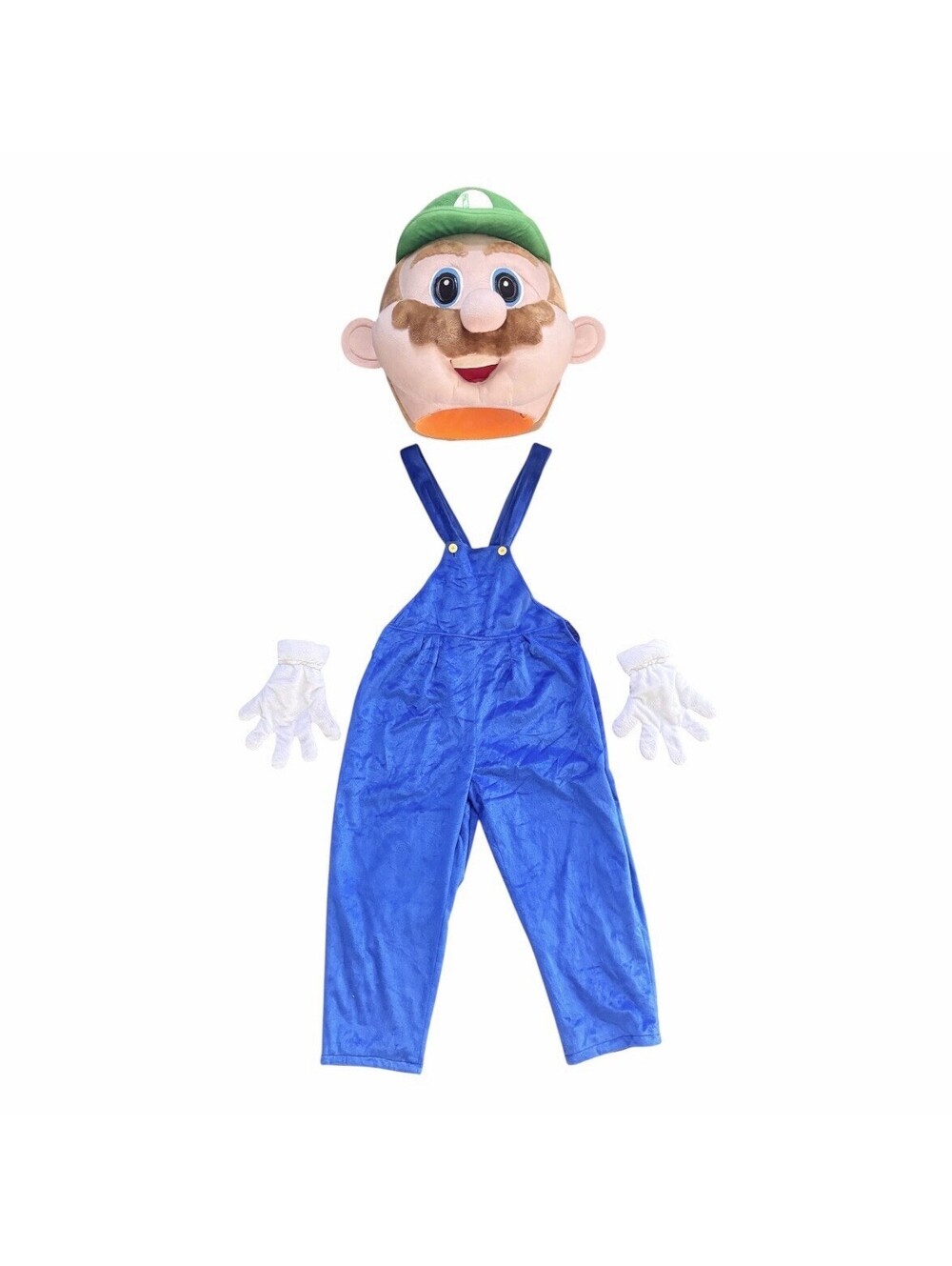 (P) Adult Luigi Mascot Costume Plush Head Overalls Gloves Super Mario Cosplay